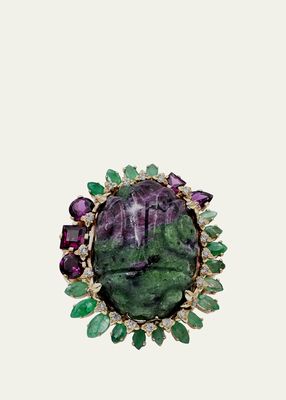 Hand-Carved Ruby Zoisite, Emerald, Rhodolite Garnet and Diamond Ring in 18K Gold