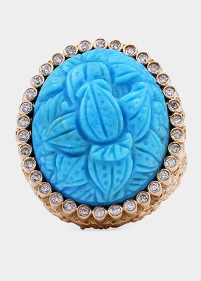 Hand-Carved Turquoise and Diamond Ring in 18K Gold