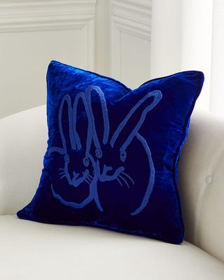 Hand-Embroidered Velvet Bunny Pillow, Blue