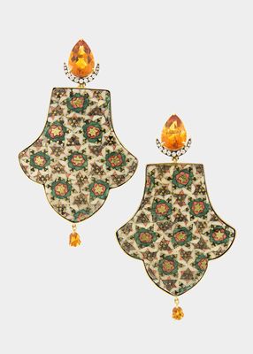 Hand-Painted Earrings with Diamonds and Citrine