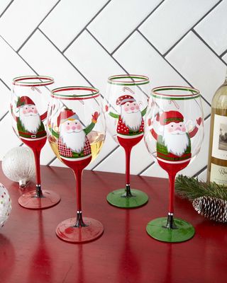 Hand-Painted Santa Wine Glasses, Set of 4