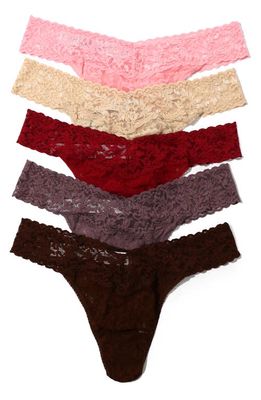 Hanky Panky Assorted 5-Pack Lace Original Rise Thongs in Pklm/Sand/Fine/Dusk/Dcob