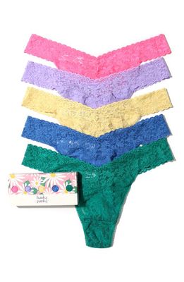 Hanky Panky Assorted 5-Pack Lace Original Rise Thongs in Sizzle Pink/hyacinth/buttercup