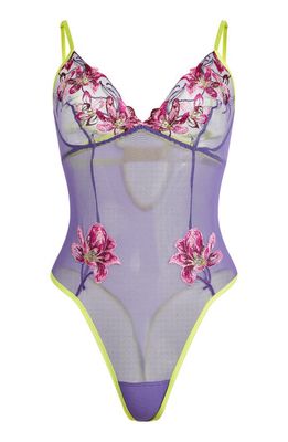 Hanky Panky Floral Embroidered Mesh Teddy in Purple/Electric Yellow