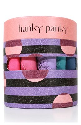 Hanky Panky Holiday Assorted 5-Pack Original Rise Cotton Thongs in Pink/Lavendar/Blue
