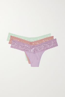 Hanky Panky - Set Of Three Lace-trimmed Supima Cotton-blend Low-rise Thongs - Purple