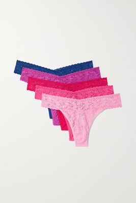 Hanky Panky - Signature Set Of Five Original-rise Stretch-lace Thongs - Pink