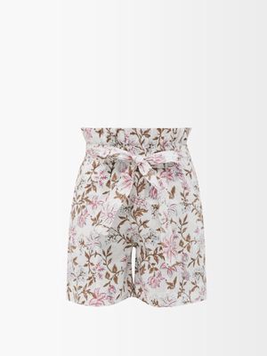 Hannah Artwear - Lucia Floral-printed Linen Shorts - Womens - Pink White