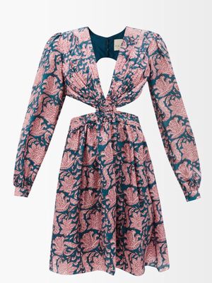 Hannah Artwear - Mia Cutout Printed Silk-habotai Mini Dress - Womens - Pink Navy