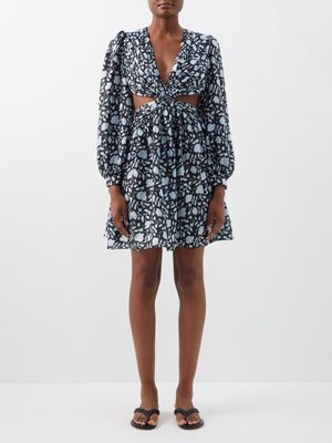 Hannah Artwear - Mia Cutout Swirl-print Silk-habotai Mini Dress - Womens - Black Print