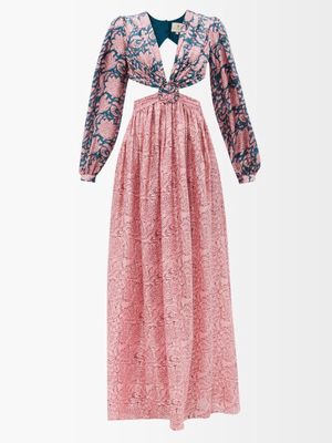 Hannah Artwear - Rio Cutout Printed Silk-habotai Maxi Dress - Womens - Navy Pink