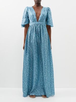 Hannah Artwear - Suri V-neck Aster-print Silk-habotai Dress - Womens - Blue