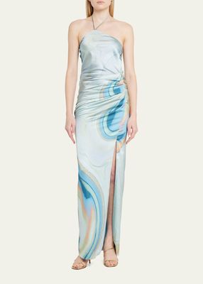 Hansel Marble-Print Halter Satin Gown