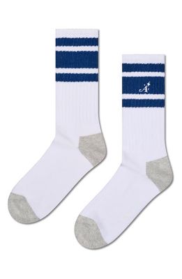 Happy Socks Awake Stripe Crew Socks in White 