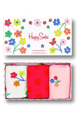 Happy Socks Flower Assorted 3-Pack Crew Socks Gift Set in Medium Pink 