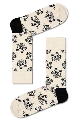 Happy Socks Grinning Cat Socks in Ivory