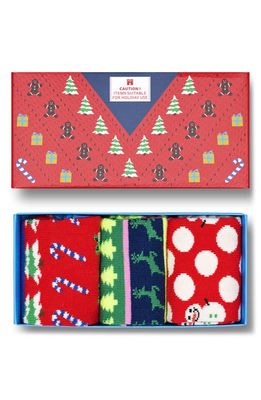 Happy Socks Kids' Assorted 3-Pack Holiday Crew Socks Gift Box in Red