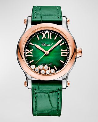 Happy Sport 36mm 18K Rose Gold Diamond & Green Dial Watch