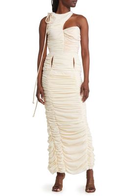 HARBISON Supernova Cutout Ruched Jersey Maxi Dress in Ivory