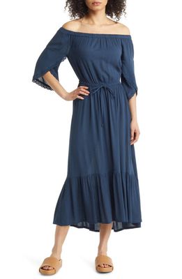 Harlow & Rose Off the Shoulder High/Low Maxi Dress in Blue