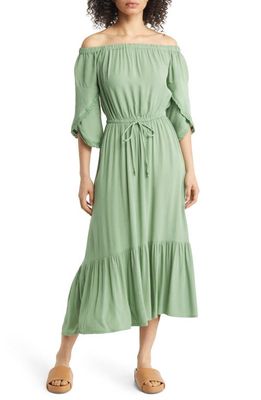 Harlow & Rose Off the Shoulder High/Low Maxi Dress in Green