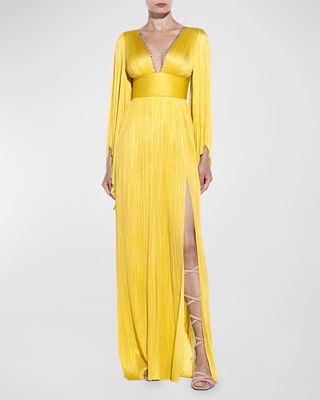 Harlow Crystal Plunging Long-Sleeve Plisse Gown