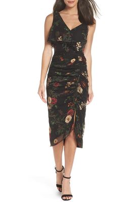 Harlyn Asymmetrical Floral Midi Dress in Black Multi