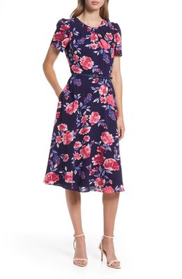Harper Rose Floral Print Pleated Dress in Navy Multi