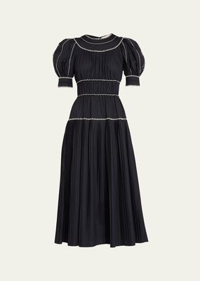 Harriet Pleated Puff-Sleeve Embroidered Midi Dress