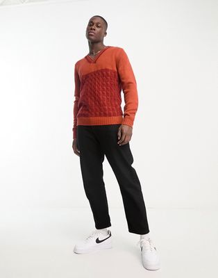 Harry Brown cable knit v neck sweater in orange-Multi