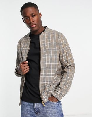 Harry Brown collarless bomber jacket in beige check