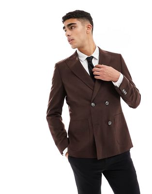 Harry Brown double breasted slim fit linen suit jacket in brown