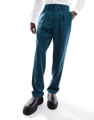 Harry Brown relaxed fit bamboo turn up suit pants in teal-Blue
