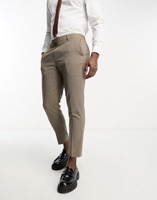 Harry Brown skinny fit cropped suit pants in brown micro plaid