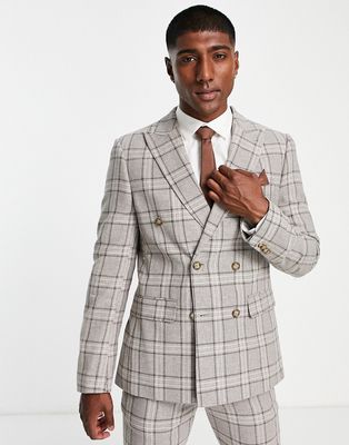 Harry Brown wedding linen mix suit jacket in beige plaid-Neutral