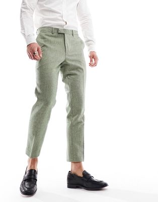 Harry Brown Wedding slim fit tweed wool mix ankle length suit pants in green herringbone