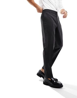 Harry Brown Wedding tweed elasticated waistband slim fit pants in gray pinstripe