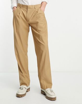 Harry Brown wide fit pleated smart pants in beige