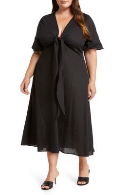 HARSHMAN Fiorella Tie Front Linen Blend Midi Dress in Black