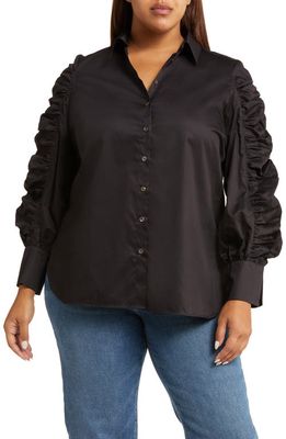 HARSHMAN Juliana Ruched Sleeve Cotton Button-Up Shirt in Black