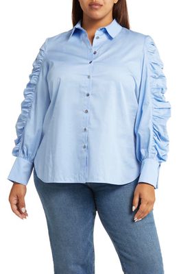 HARSHMAN Juliana Ruched Sleeve Cotton Button-Up Shirt in Blue