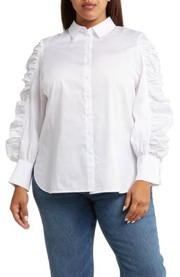 HARSHMAN Juliana Ruched Sleeve Cotton Button-Up Shirt in White