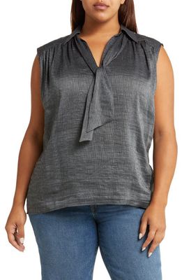 HARSHMAN Lucille Tie Neck Sleeveless Silk Blend Blouse in Charcoal Stripes