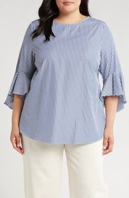 HARSHMAN Malena Stripe Flutter Sleeve Cotton Top in Navy Stripes 