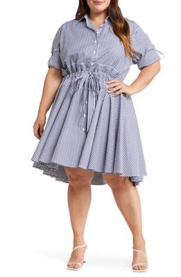 HARSHMAN Meadow Tie Front Fit & Flare Shirtdress in Navy Stripes