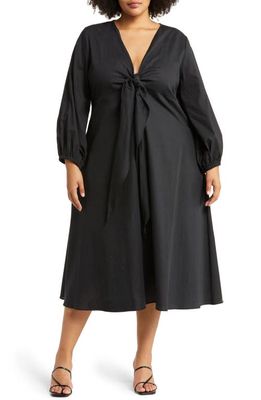 HARSHMAN Novella Knot Front Long Sleeve Midi Dress in Black
