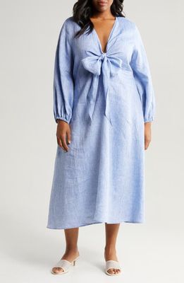 HARSHMAN Novella Long Sleeve Cotton & Linen Midi Dress in Denim Blue