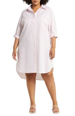 HARSHMAN Willow Stripe Long Sleeve Cotton & Linen Shirtdress in White/Rose Pink Stripes