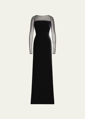 Hartwell Velvet Column Gown with Tulle Sleeves