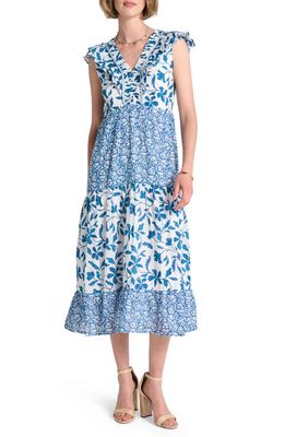 Hatley Aria Mixed Print Tiered Midi Dress in White/blue